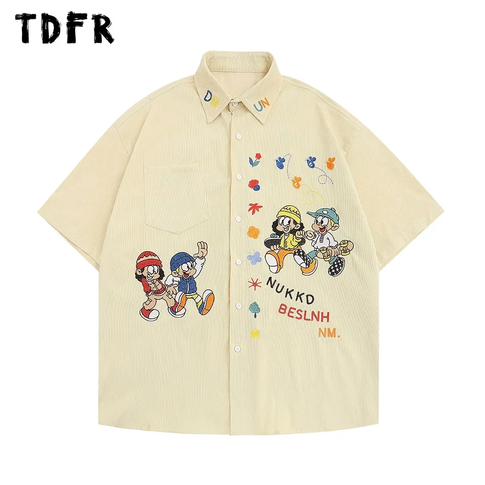 Cartoon Embroidery Cargo Shirts Mens Summer Retro Casual Streetwear Lapel Single Breasted Short Sleeve Shirts Men