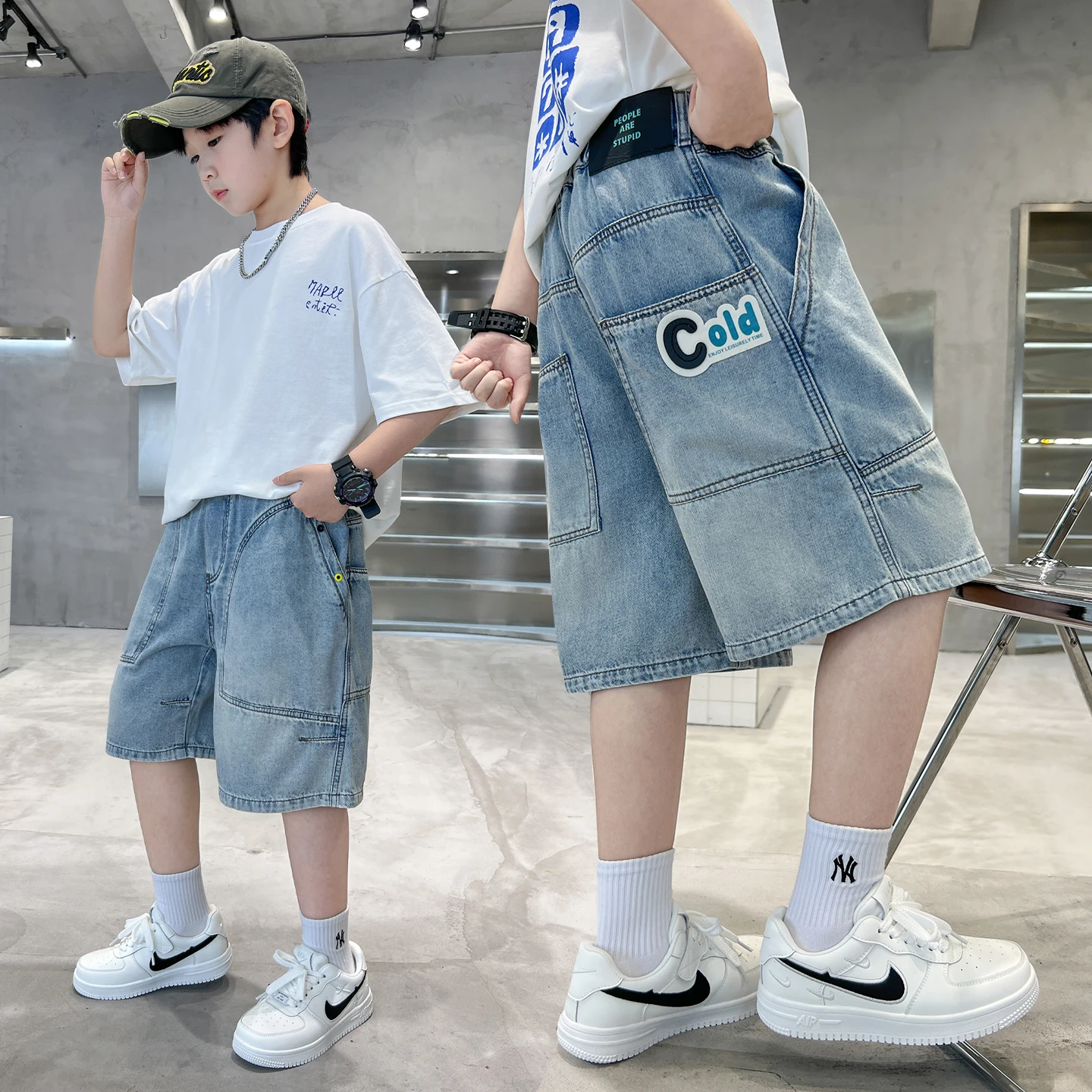 

Teenage Boys Blue Denim Shorts Y2K Fashion Style New Summer Soft Knee-Length Trousers with Letter Print Ages 4-14 Years Old