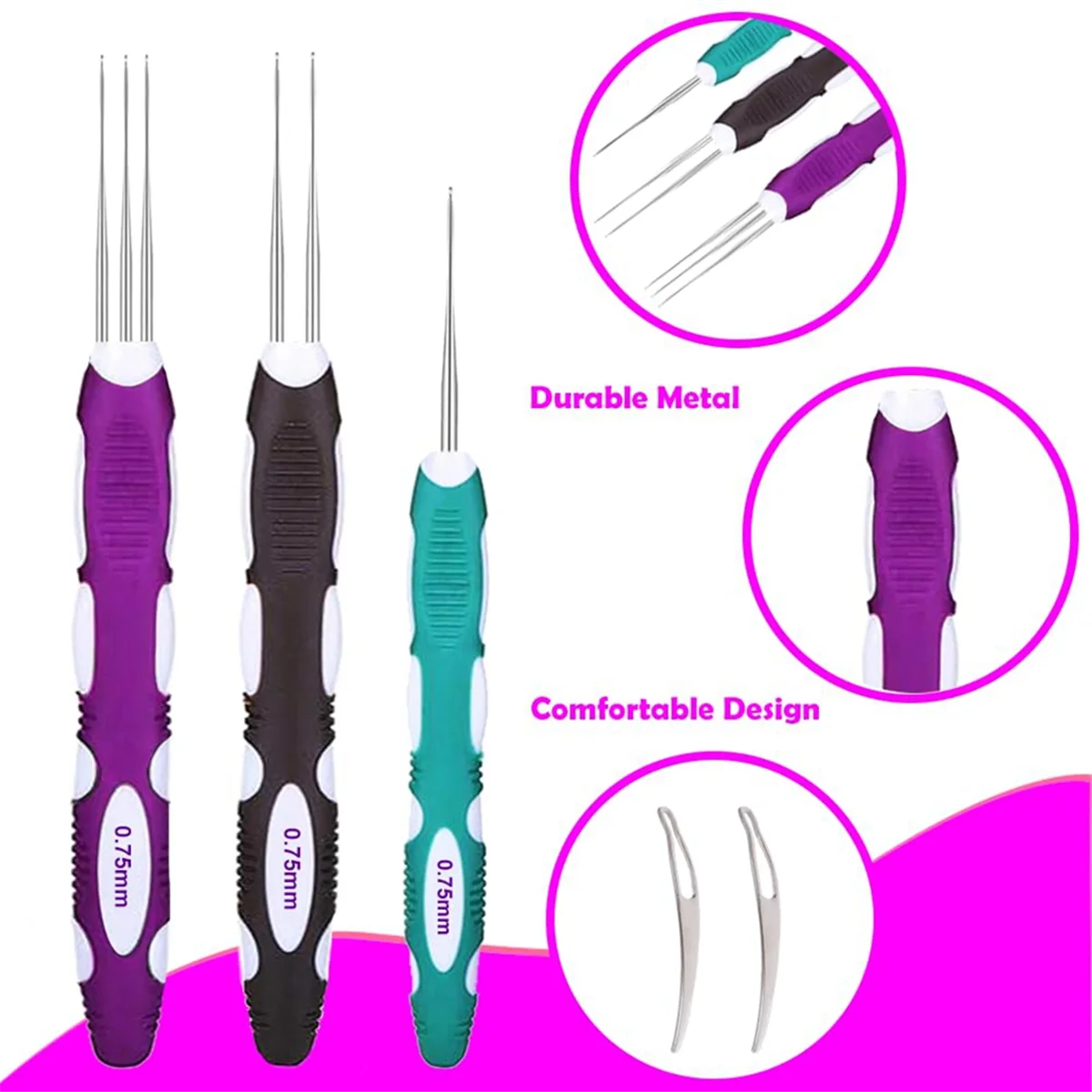 Dreadlock Crochet Needle Tool,Hair Crochet Hooks with Ergonomic Handle, 3Pcs Hair Braid Craft 0.75mm