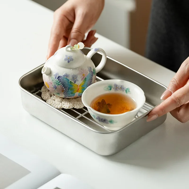 Chinese Rock Mine White Pure Hand-painted Butterfly Station Tea Set for One Person Drinking Four Cups Portable Teapot Tea Cup