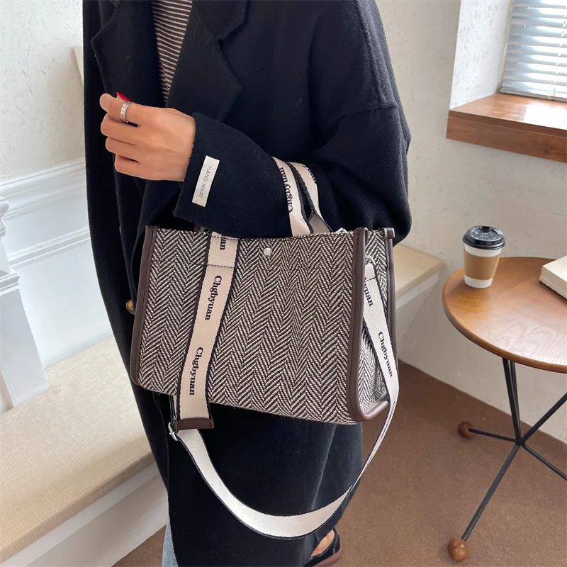 Fashion Houndstooth Tote Bag Women Canvas Small Handbags Casual Square Shoulder Bags Korean Style Female Summer Travel Handbags