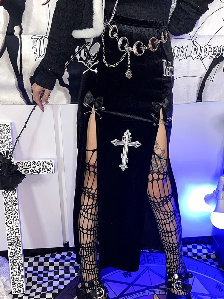 

Юбка Ruibbit Женская длинная, Готическая уличная одежда Y2k, ажурная черная юбка с завышенной талией, сексуальная юбка в стиле Хэллоуина