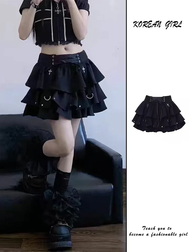 

Y2K Bla Punk High Waist A-Line Skirt Women's Summer Subculture Cake Skirt Bicolor Flared Skirts Korean Sle ort Skirts