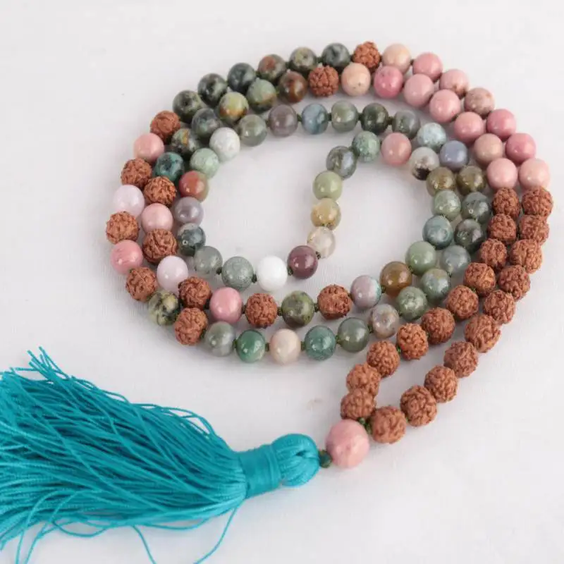 

Natural Rudraksha & Mixed Gemstone 108 Beads Mala Necklace with Turquoise Tassel Spiritual Meditation Jewelry
