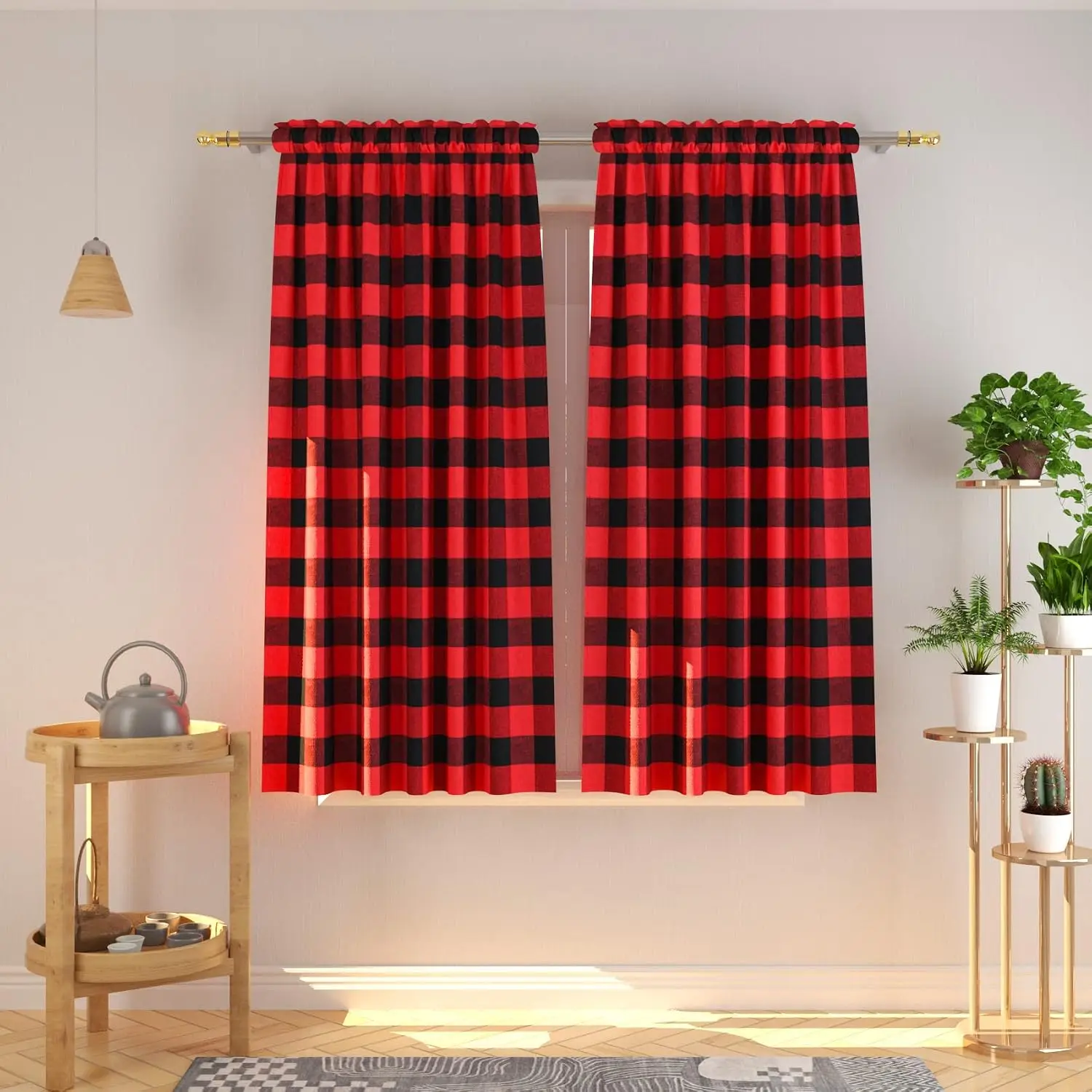 Rustic Farmhouse Red Black Plaid Buffalo Check Curtains Polyester Window Drapes Panel Set for Living Room Bedroom