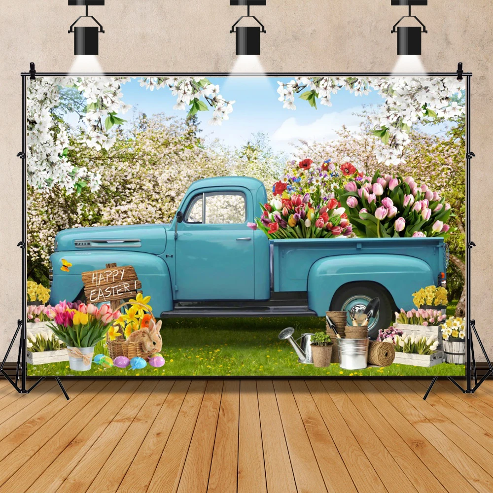 Spring Easter Blue Truck Colorful Eggs Flowers Rabbit Photography Backdrop Tulip Floral Forest Background Photo Booth Props