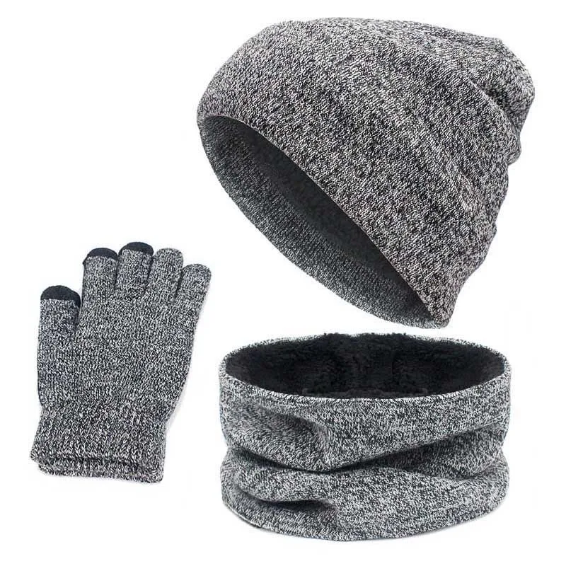 Winter Fleece Lined Thermal Set Hat Scarf Touchscreen Gloves Trio for Women Men Outdoor Skiing