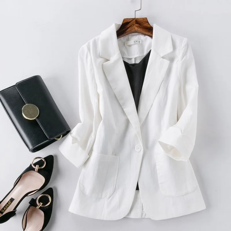 Cotton Linen Blazer Jacket Women Summer Outwear High Quality Solid Single Button Notched Blazer Suits Three Quarter Sleeve Top