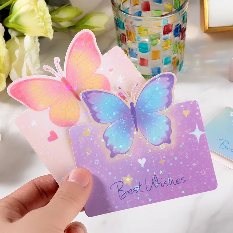 

10pcs Butterfly Shaped Greeting Card Colorful Holographic Shiny Paper Standing Note Card for Birthday Party Festival Celebration