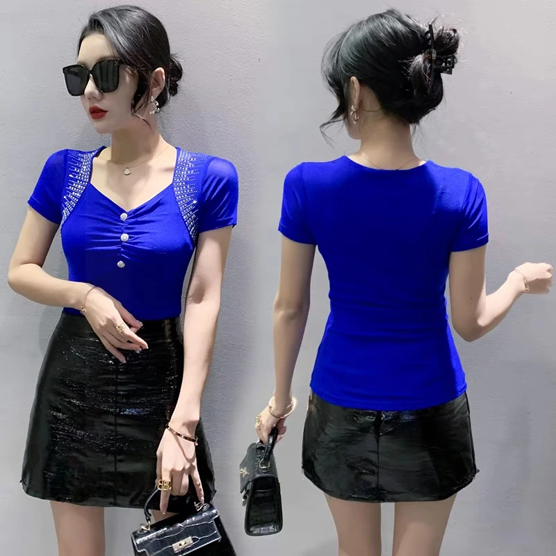 High Quality Summer V Necks Tshirts Sexy European Clothes Glitter Diamonds Women Short Sleeves Slim Ladies Mesh Office Tops Tees