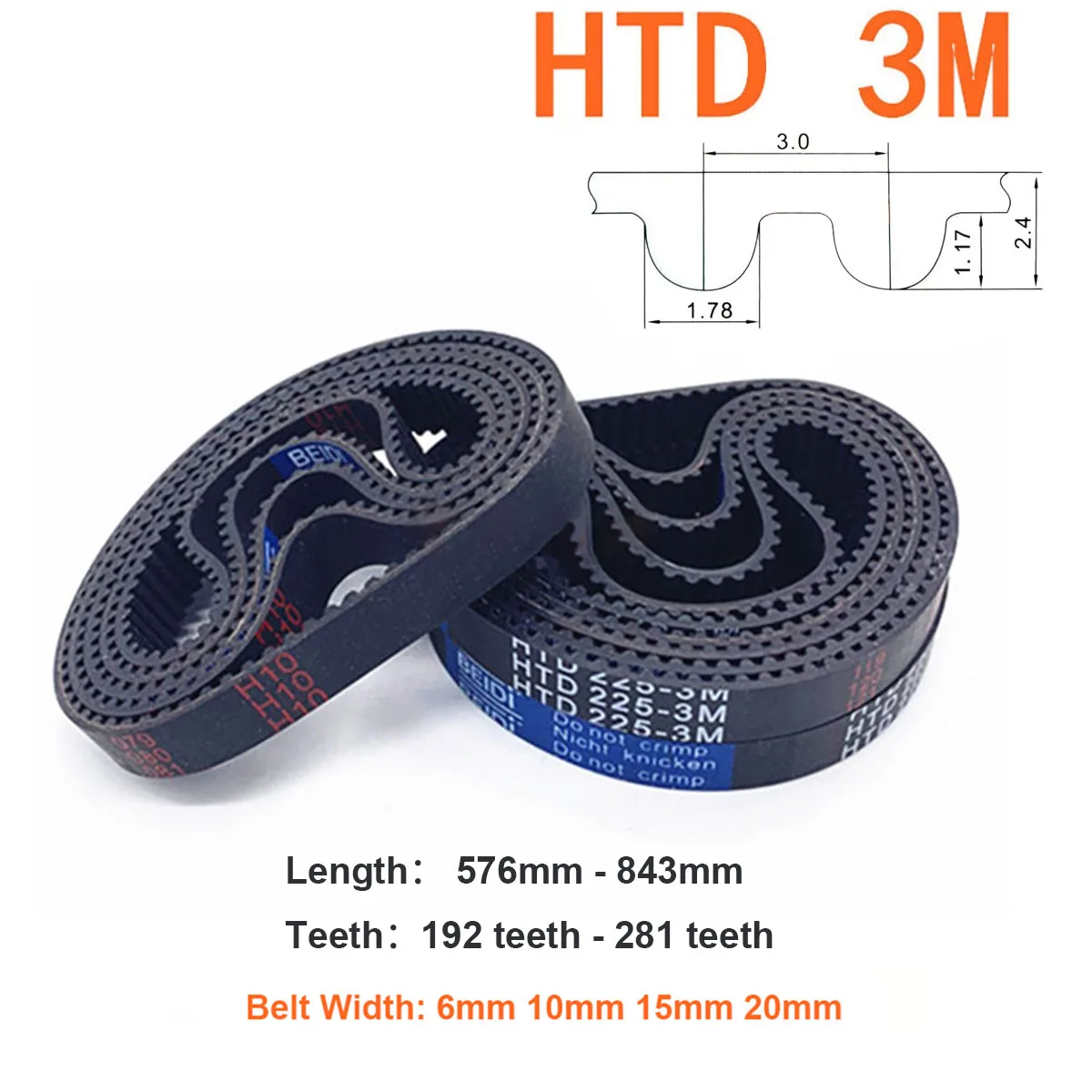 

HTD 3M Synchronous Belt Length 576mm - 843mm Closed Loop Rubber Timing Belt Pitch 3mm 192 Teeth - 281 Teeth Width 6 10 15 20mm