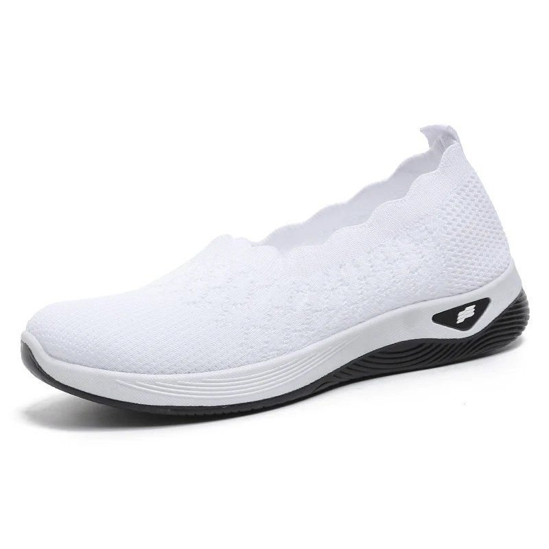 White Scalloped Edge Knit Slip-On Shoes, Lightweight Breathable Casual Sneakers for Seniors, Comfortable Mother's Day Shoes view 6