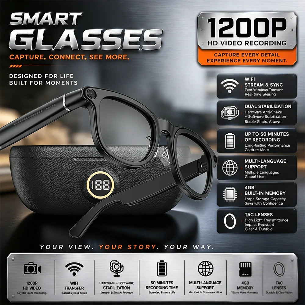 

800W 4K HD Shooting Camera 3D Sound Real Time Translation 32GB Memory Smart Sunglasses Equipped With 3600mAh Charging Case
