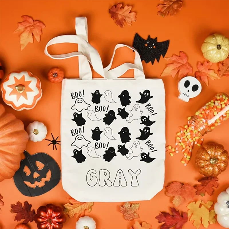 

Personalized Halloween Cute Ghost Name Tote Trick or Treating Bag Bucket for Candy Kids Gifts Decoration Party Supplies Tote Bag