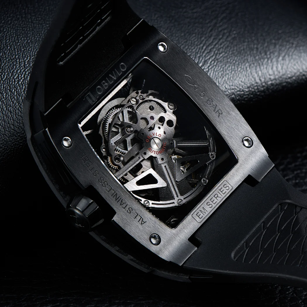 OBLVLO Top Brand Automatic Mechanical Watch For Men Fashion Skeleton Luminous Wine Barrel Carbon Fiber Case Rubber Strap EM-S
