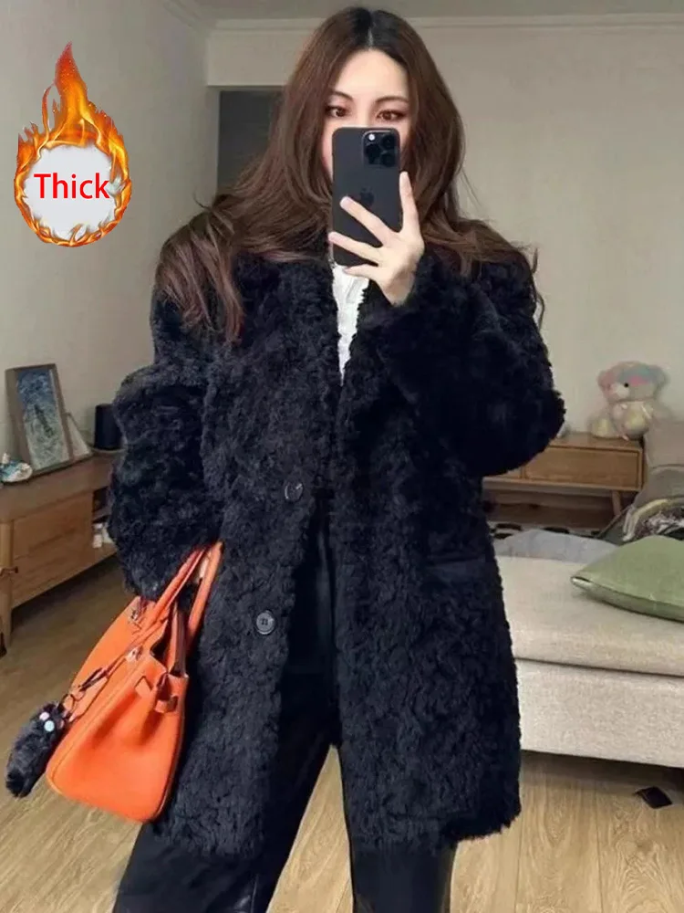Black Y2K Faux Lamb Coat Women Vintage Long Sleeve Warm Winter Jacket Casual Retro Harajuku Streetwear Female Thick Tops Outwear