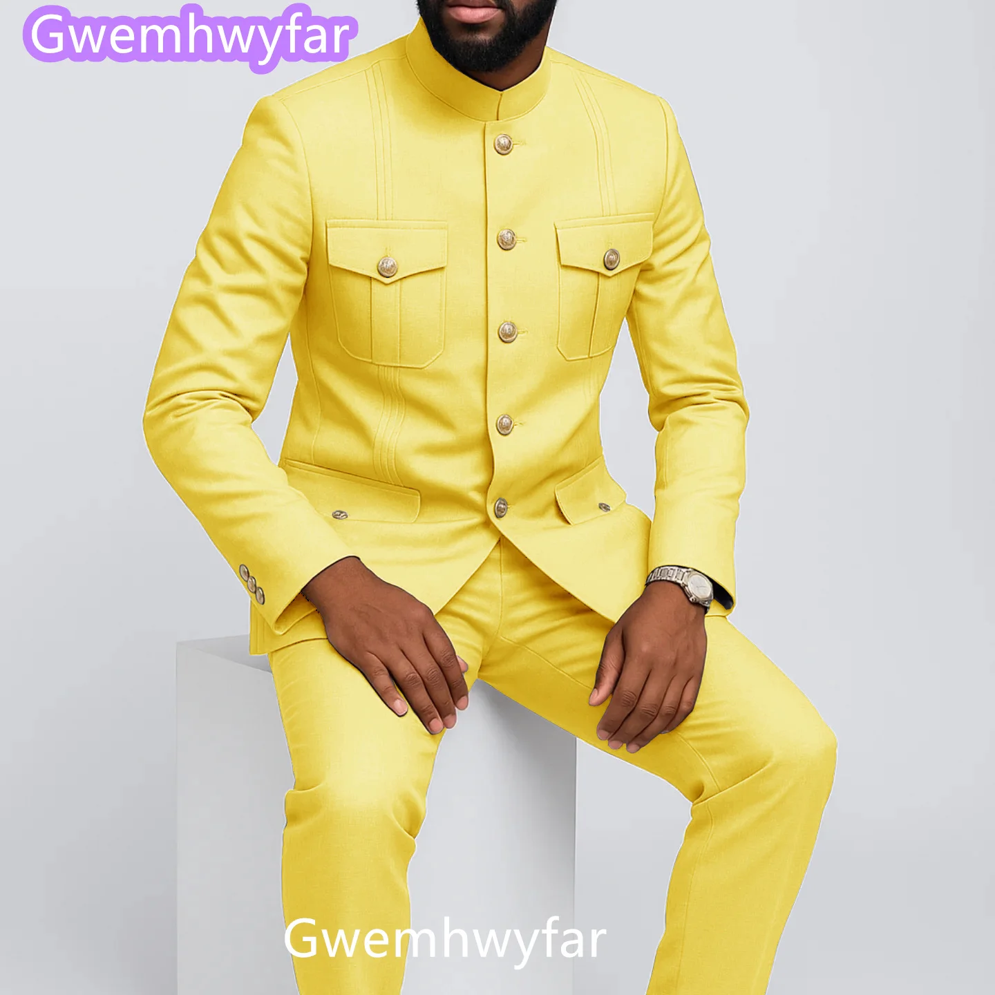 Gwenhwyfar السماء الزرقاء الرجال الدعاوى الصيف قصيرة الأكمام دعوى زر واحد الوقوف التلبيب سليم صالح حفلة موسيقية شارع العليا اليومية رجل غير رسمي مجموعة