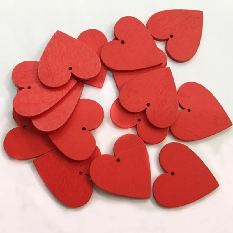 100Pcs Red Heart Wood Slices,Wooden Heart Hanging Embellishment For Valentine's Day, Wedding, Holiday Party Decor