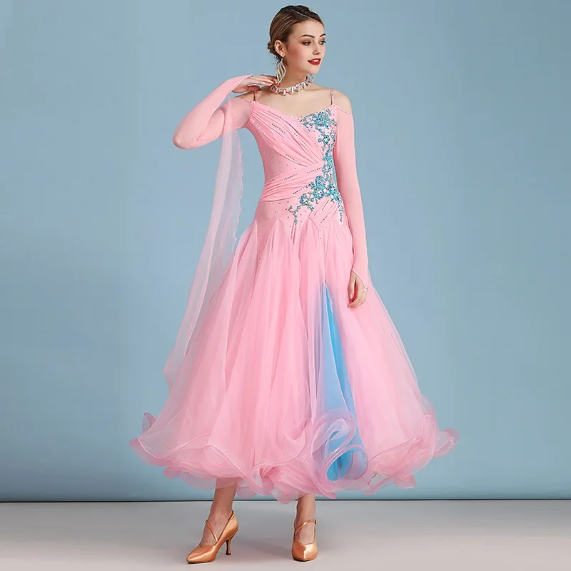 Pink Contrast Color Off Shoulder Ballroom Competition Dance Dress Waltz Dress For Dancing Clothes Rumba Dance Costumes