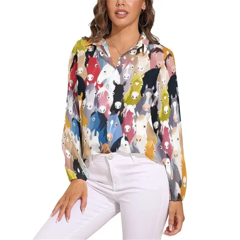 Kleurrijke paardenkunstblouse Damesoverhemden met lange mouwen Geheime paarden Racing Vintage blouses Vrouwelijke straatoverhemden Lente zomer tops