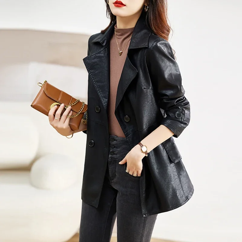 Elegant Womens Leather Jacket 2023 Mid-length Waisted Leather Jackets for Women Double-breasted Black Coats Suit Collar Abrigos