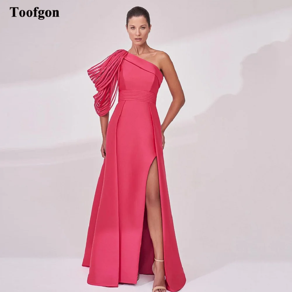 Toofgon Satin Formal Prom Dresses One Shoulder Tassel Women Evening Party Gowns Split Side Special Party Celebrity Dress Oufits