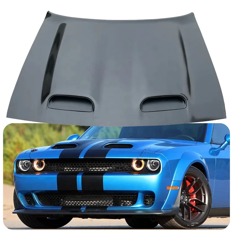 Капот на 2008-2023 годы Dodge Challenger Hellcat Style, черный капот, алюминиевый капот Challenger SRT с двойной трубкой VS Air Grabber