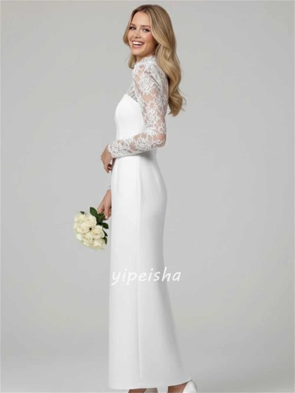 Maßgeschneidertes, elegantes, formelles, gerades Jersey-Partykleid aus weißem Jersey, Retro-Stil, hoher Kragen, lange Ärmel, knöchellange Kleider, Abendkleider