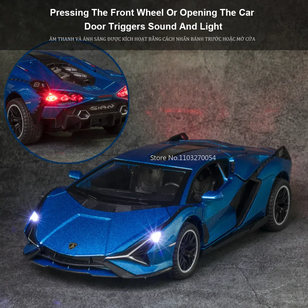 1:32 Lambo SIAN Model samochodu Alloy Diecasts Zabawka Miniaturowe pojazdy Dźwięk Światło Pociągnij tylne drzwi Otwarte zabawki Prezenty urodzinowe dla dzieci