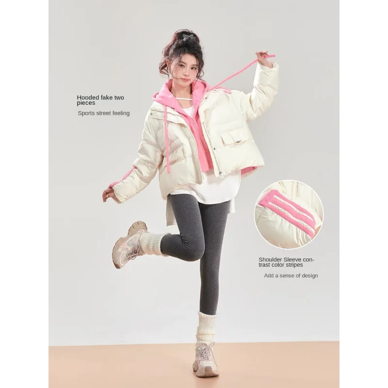 Female Casual Loose Down Jacket 90 White Duck Down Thickened Fake Two-Piece Jacket Warm Bread Clothing, Buttons, Fall and Winter