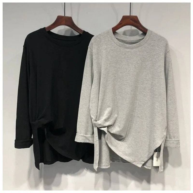 Extra Large Irregular Tees Long Sleeved Undershirt Solid T-shirt Women Clothing 2023 New Autumn Undershirt Korean Loose Top