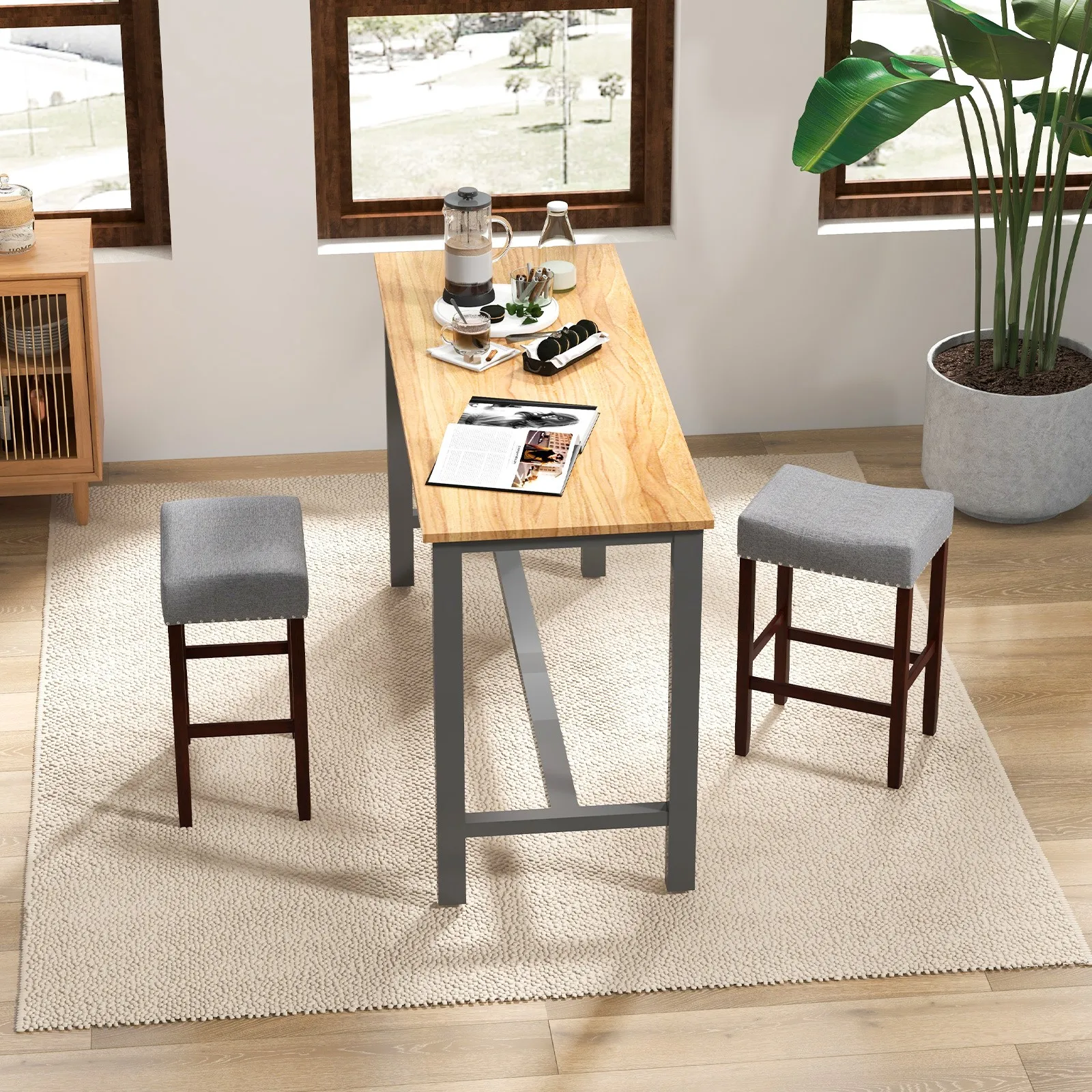 

2PCS Bar Stools Counter Height Saddle Kitchen Chairs w/ Wooden Legs Gray