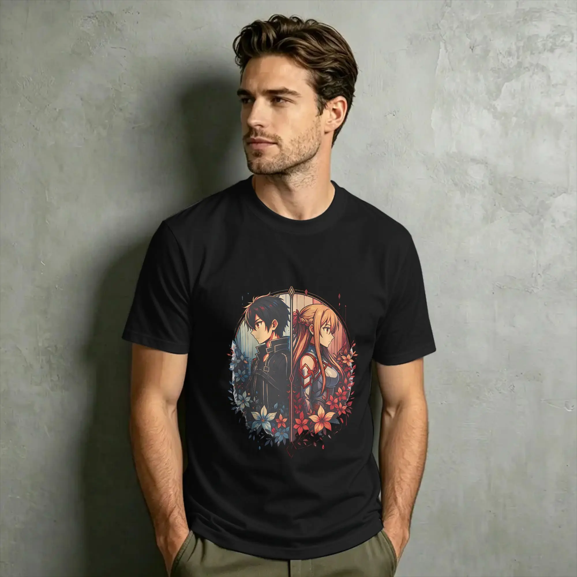 Novelty Anime kirito and asuna T-Shirt for Men Round Collar Pure Cotton T Shirts  Short Sleeve Tees Printed Clothing