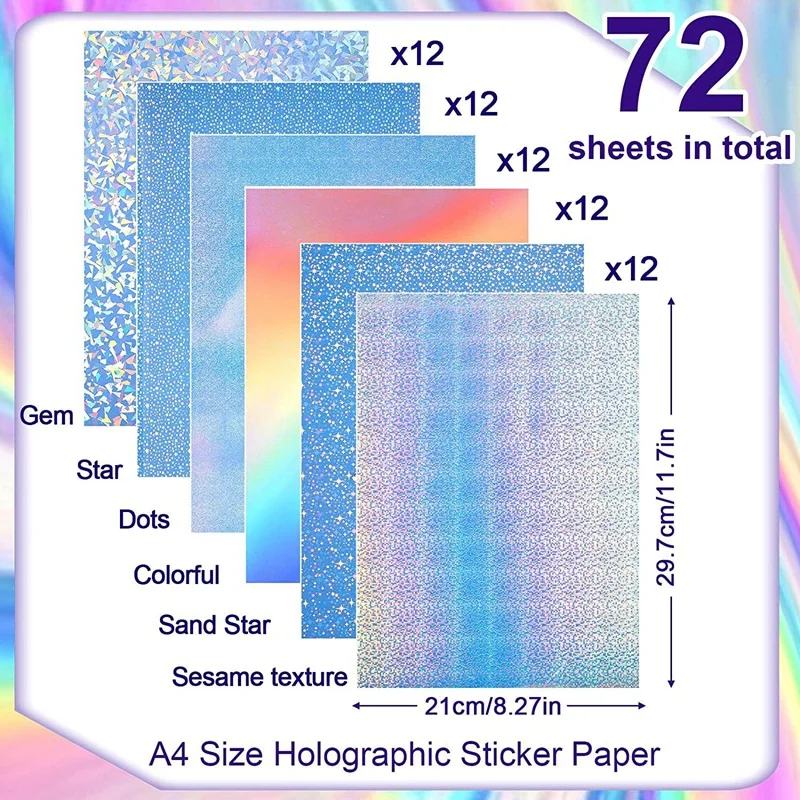 72 Sheets Holographic Sticker Paper With Gem Star Patterns A4 Size Printable Vinyl Sticker Paper, 8.27In X 11.7In