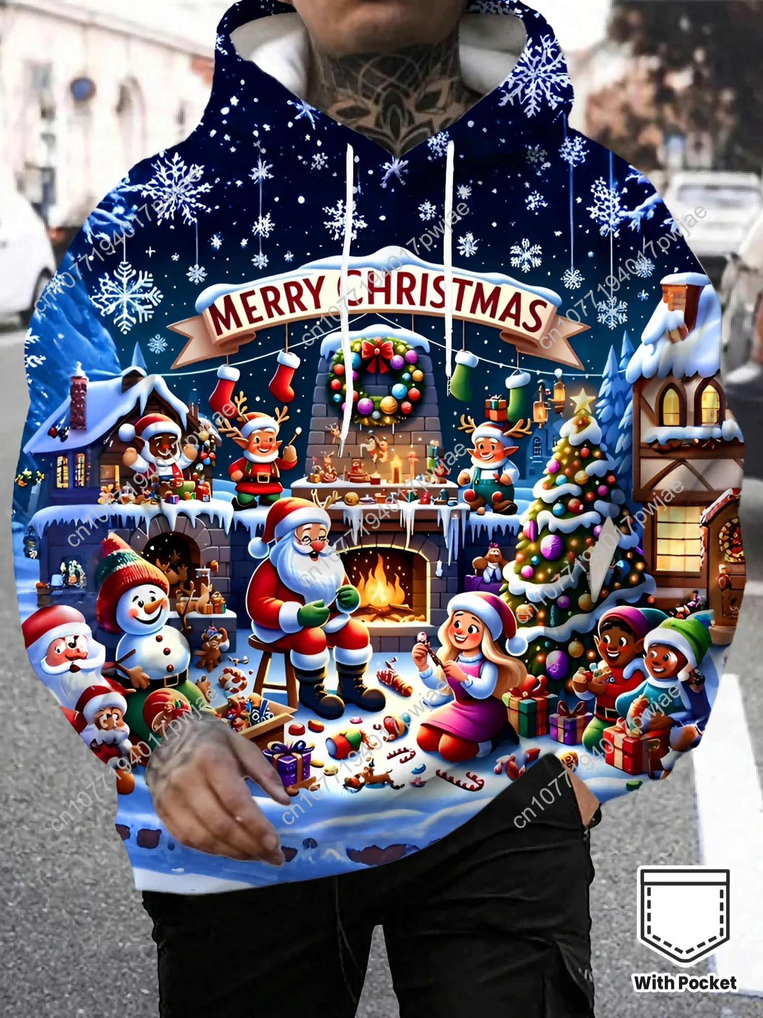 

Men'S Hoodie with 3D Christmas Print - Festive Santa, Snowmen & Reindeer Design, Loose Fit Pullover with Drawstring Hood & Pocke