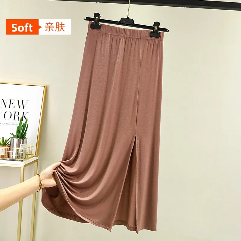 

Юбка из модала с высокой талией, женская тонкая универсальная юбка трапециевидной формы средней длины, утягивающая длинная юбка с высокой талией и разрезом выше колена