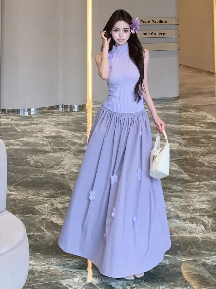 

Sweet Spicy Knitted Sleeveless Top And Half High Collar Half Skirt Set Floral Design A-Line Midi Dress Two-Piece Women's Fashion