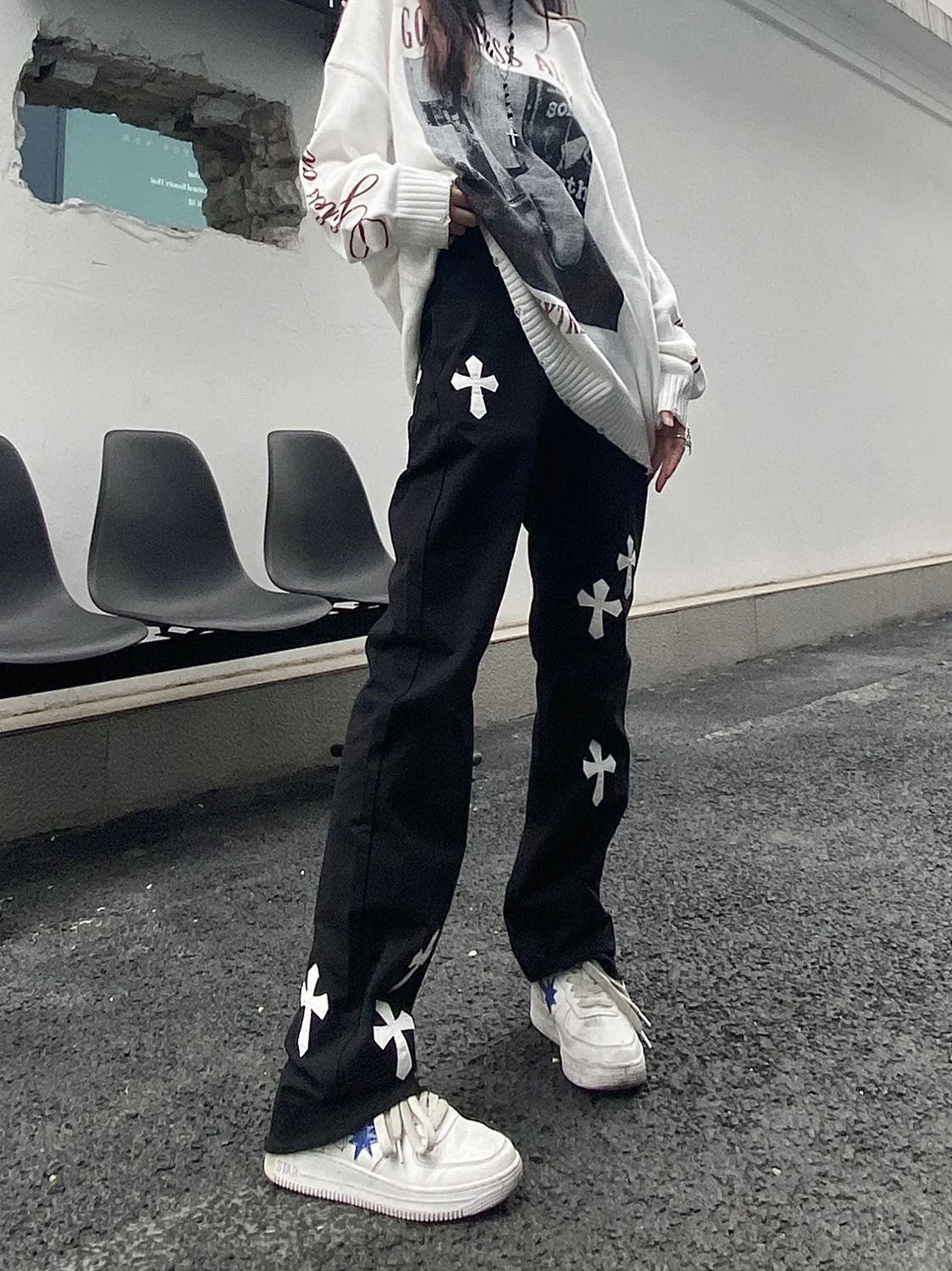 

Loose Wide Leg Cross Pattern Jeans High Street American Vibe Women's Men's Hip Hop Sle Casual Pants Summer l Waist