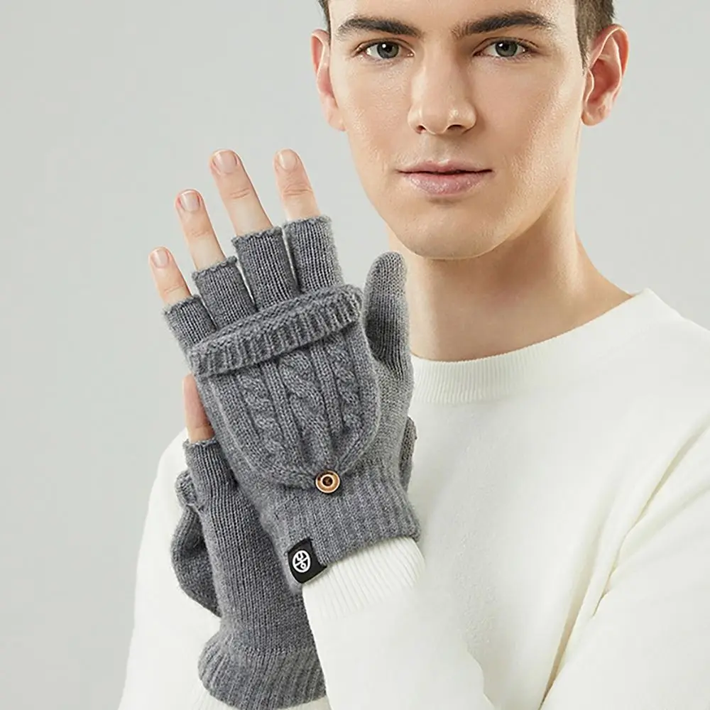 Wool Knitted Fingerless Flip Gloves Winter Warm Thickening Finger Mittens Exposed Finger Touchscreen Gloves For Men Women Unisex