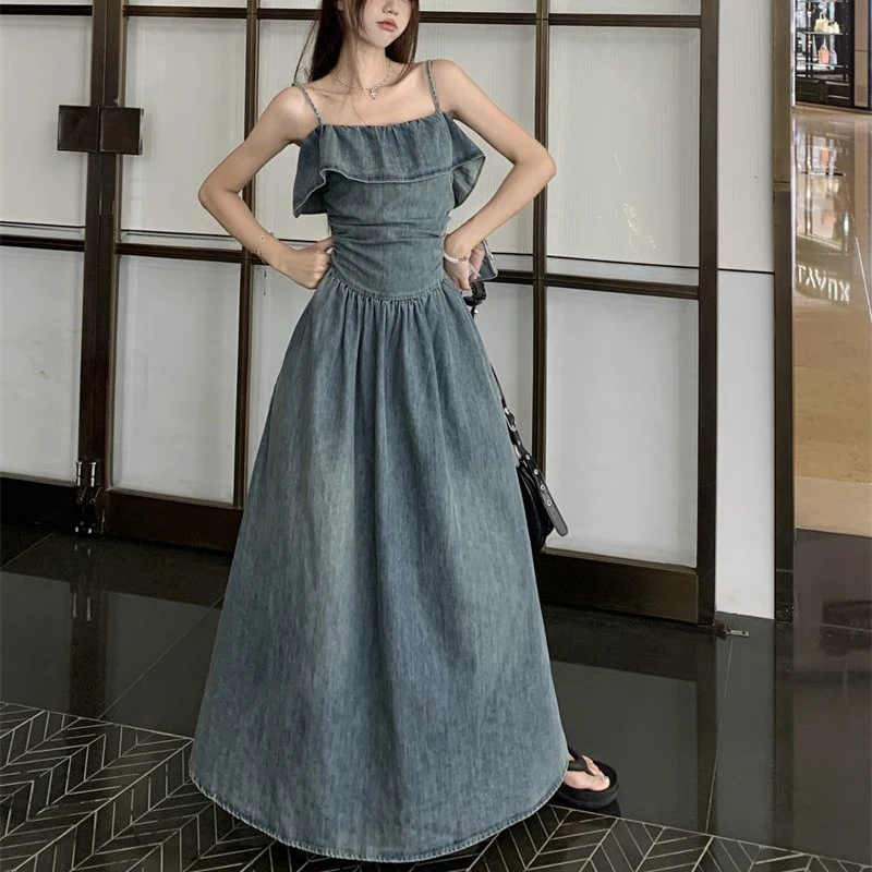 Vintage Ruffle Camis Dress Donna Dolce Casual Ruffle Denim Dress Y2K Summer Chic Night Party Jeans Abiti Mujer Nuovo