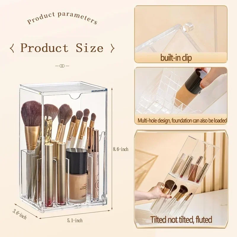 Large Capacity Makeup Brush Storage Box Cosmetic Organizer with Lid Thickened Acrylic Brushes Holder Dust Proof for Vanity