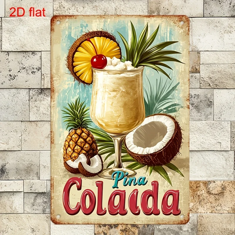 Letrero Decorativo Metálico Vintage Plano 2D - Diseño de Frutas Tropicales con Texto 'Pina Colada', Ilustración de Piña y Coco - Pe