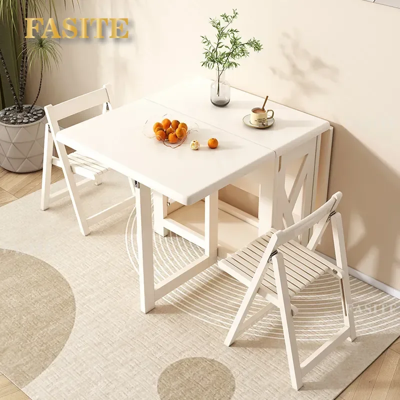 For Small Apartment Solid Wood Round Dining Table Wall Mounted Folding Table with Storage Cream Style Space Saving No