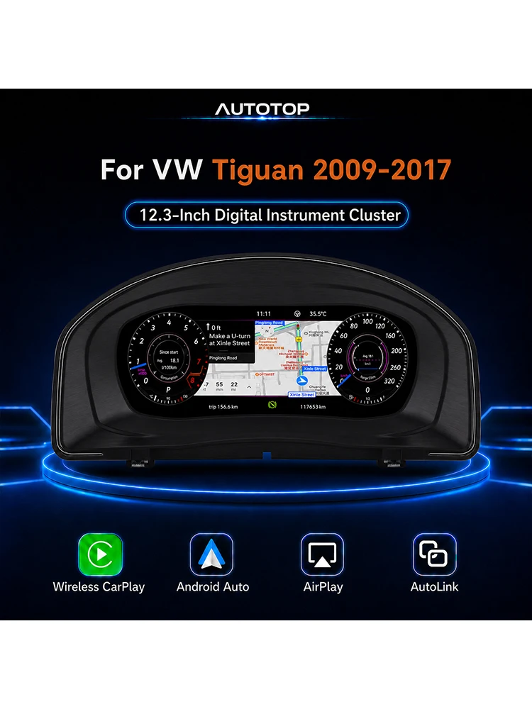 AUTOTOP 12,3 Zoll Digitales Cockpit für Volkswagen VW Tiguan 5N 2009-2017, LCD-Armaturenbrett-Instrumentenanzeige, Tachometer, Adaptiver Tempomat ACC, Geschwindigkeitsbegrenzer und Digitales