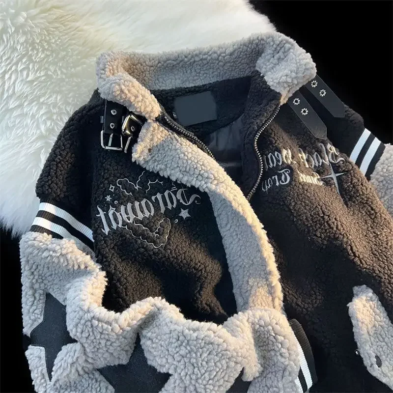 Y2K New American Letter Embroidered Lambswool Collar Cotton-Padded Jacket Trend Street Hip-Hop Loose Casual Joker Couple Coats