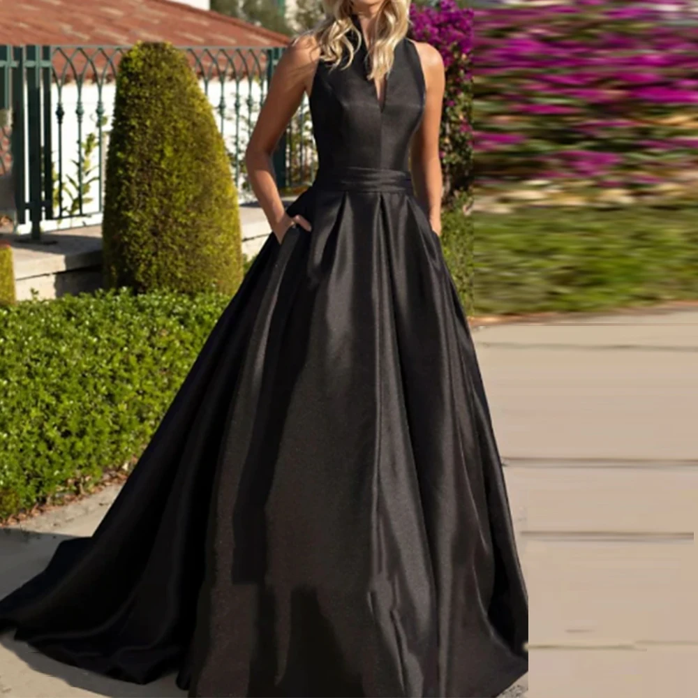 

Simple Formal Party Dresses Black Satin Button Ruched A-line Halter Long Dresses Elegant Party Dresses Woman Gowns 2024