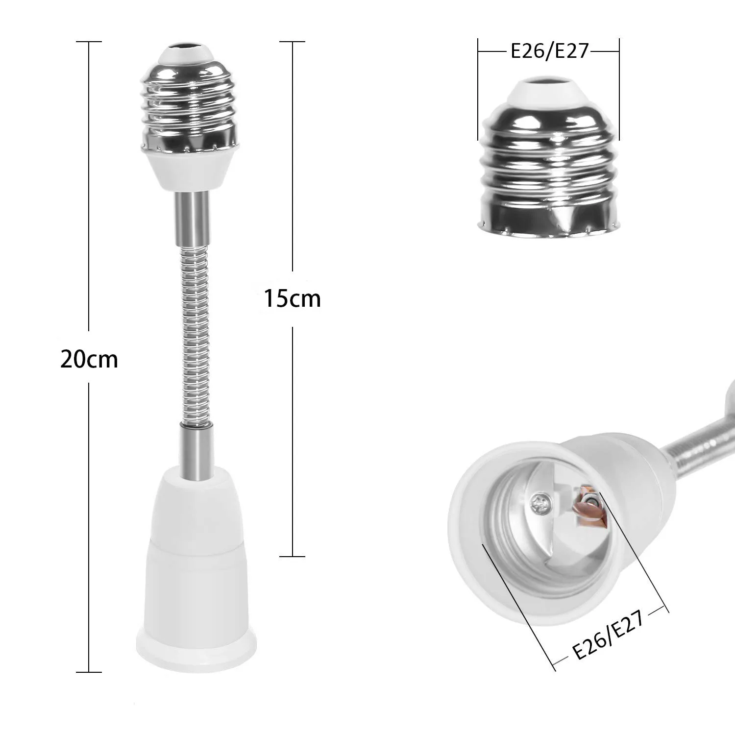 2 pcs E26 / E27 bulb socket extender, 15cm / 5.9 inch bulb extension, flexible standard medium E26 screw base extension adapter