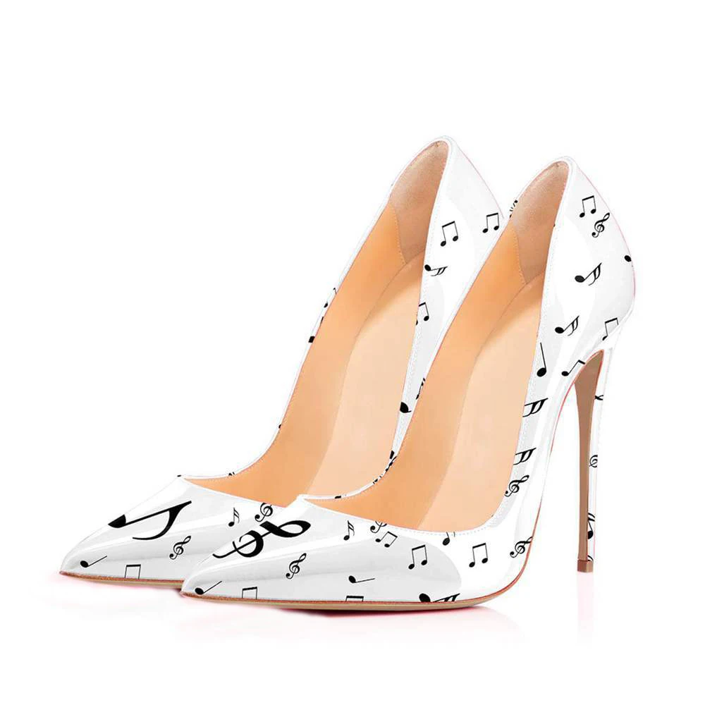 Sexy Women Music Notes Printed Leather Pumps Stiletto Thin Heels High Heels Woman Shoes Banquet High-heeled Zapatos Mujer