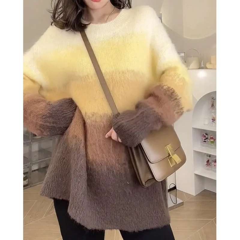 Ladies Color Striped Mohair Sweater Women's Autumn/Winter New Style Long Sleeve Fashion Korean Loose Outer Wear Retro Knit Top