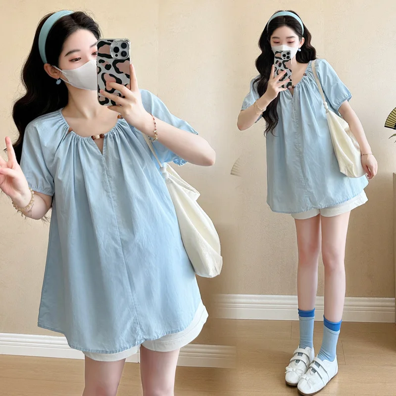 Maternity Set 2026 Summer New Sweet Cute Breathable Comfortable Short Sleeve Doll Shirt And Shorts Two Piece Set For Pregnancy - view 5